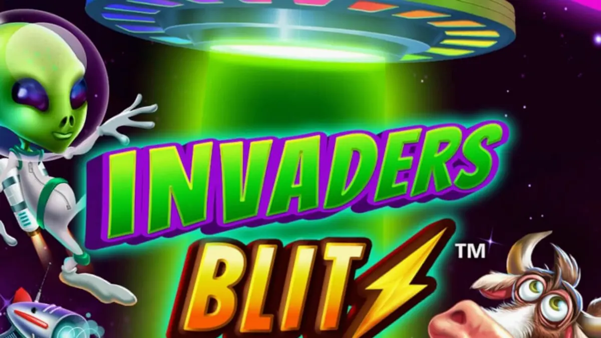 Interface do jogo de slot Invaders Blitz com tema de invasão alienígena