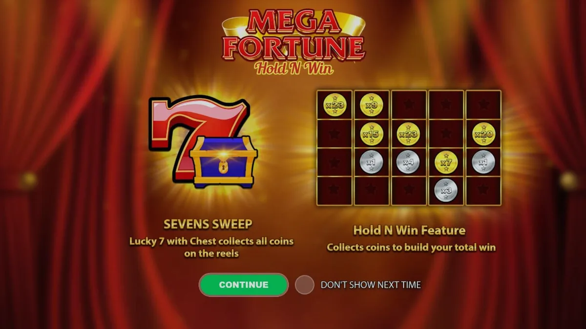 Interface do slot Mega Fortune Hold ‘n’ Win com símbolos clássicos de frutas e moedas douradas