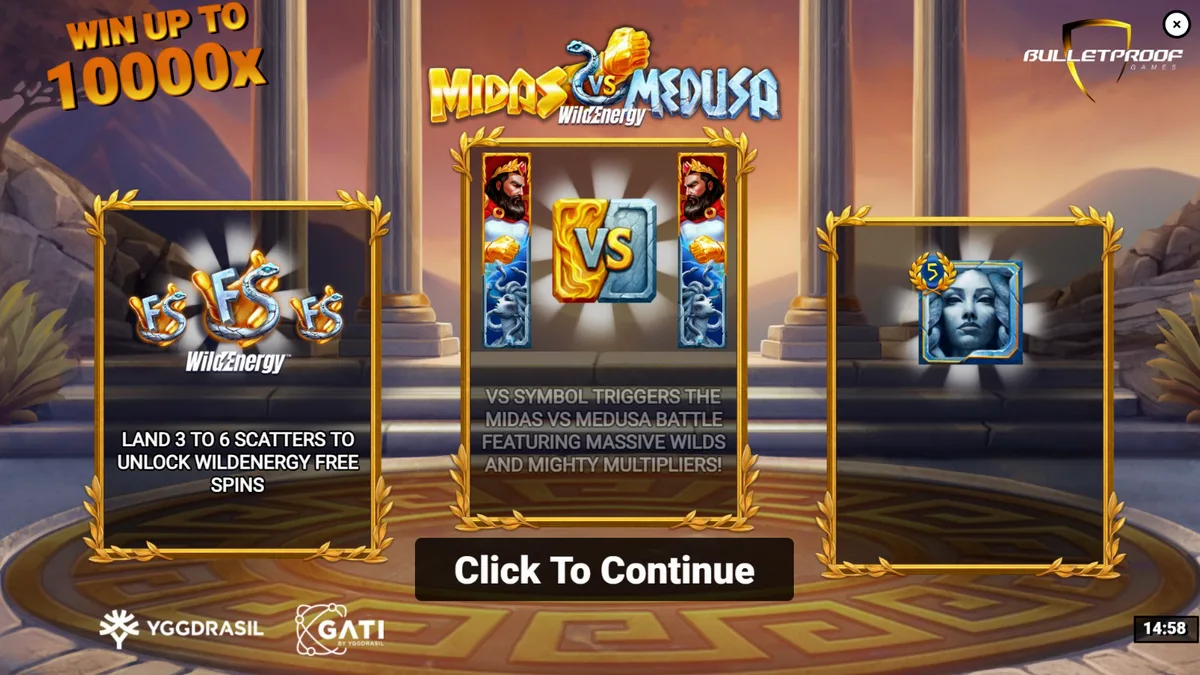 Cena épica de batalha entre Midas e Medusa em um slot de cassino online com elementos dourados e de pedra.
