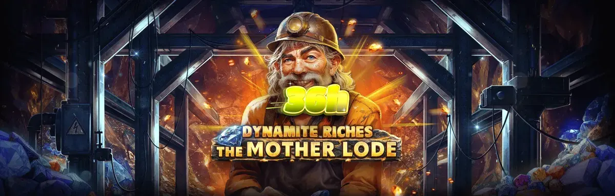 Cena de jogo do slot Dynamite Riches The Mother Lode com símbolos de mineração e ouro.